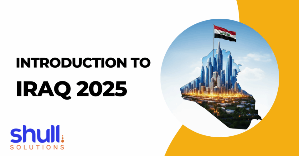 A symbolic image of the map of Iraq 2025 containing a modern, urban cityscape with a flagpole and an Iraqi flag waving on top.