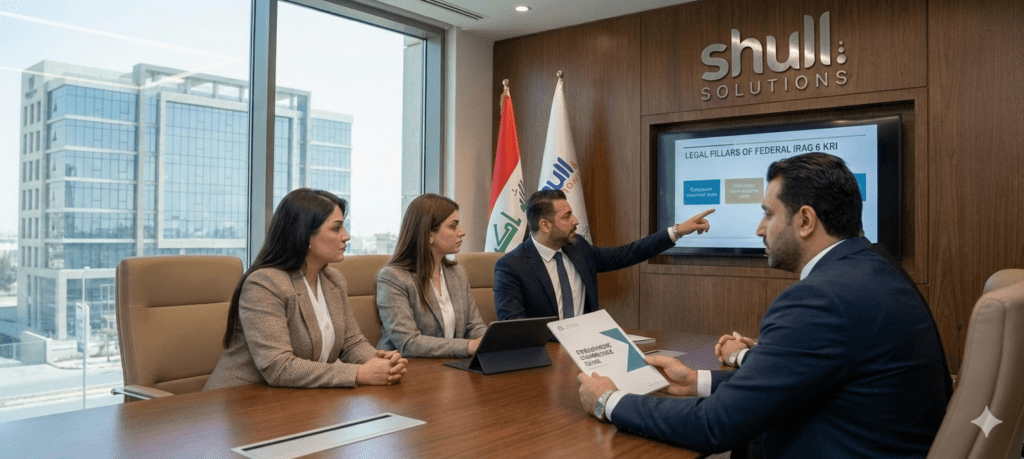 A professional business meeting in a Baghdad office discussing employment compliance in Iraq, featuring a Shull Solutions "Employment Compliance Guide 2026" brochure and a digital presentation on the legal pillars of Federal Iraq and KRI.