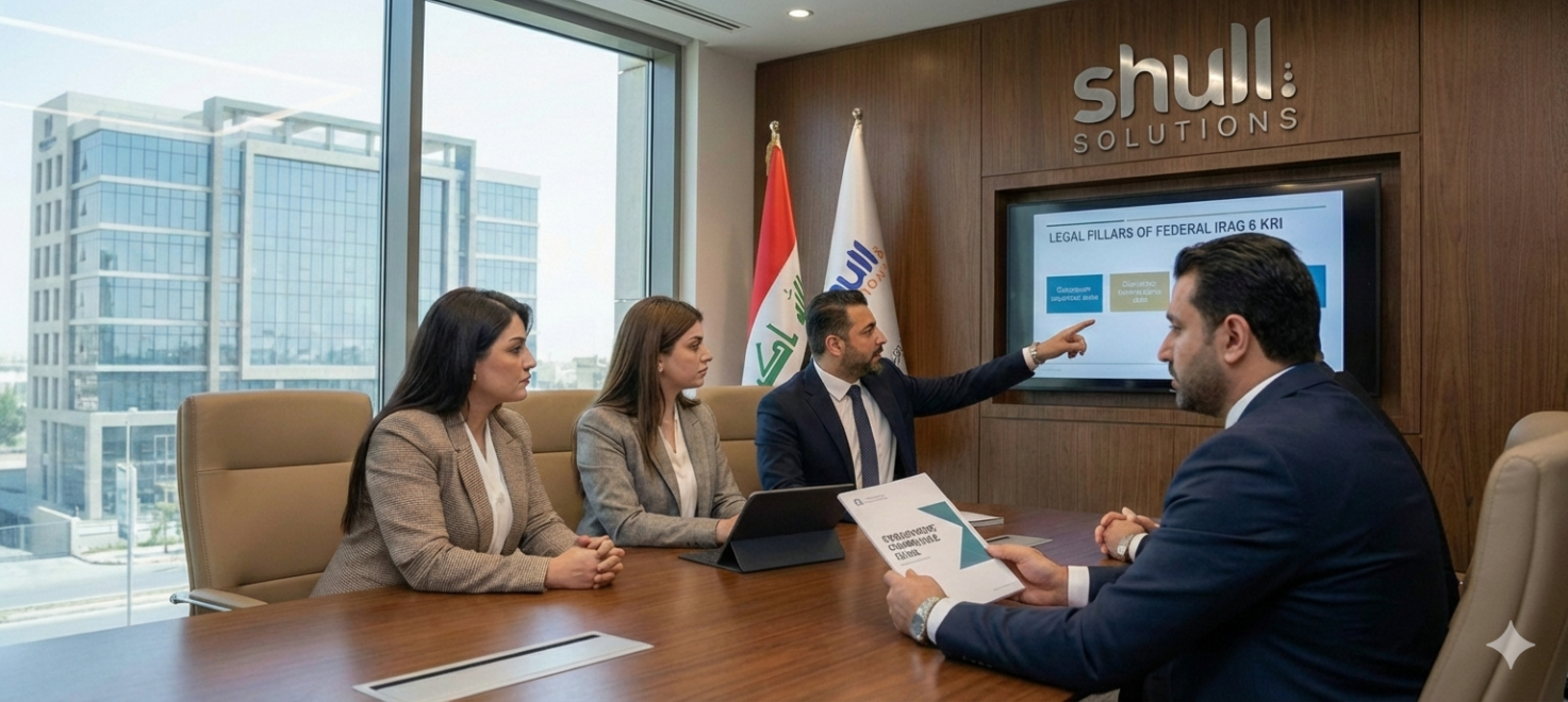 A professional business meeting in a Baghdad office discussing employment compliance in Iraq, featuring a Shull Solutions "Employment Compliance Guide 2026" brochure and a digital presentation on the legal pillars of Federal Iraq and KRI.