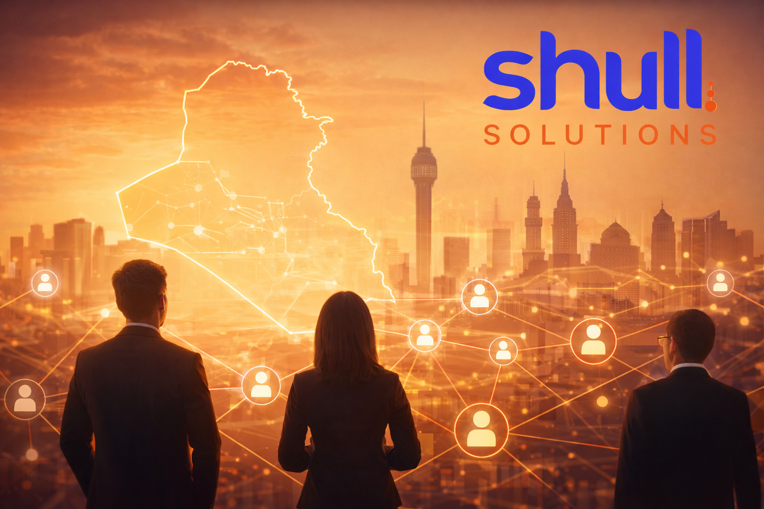 Employer of Record service in Iraq visual showing workforce network and business professionals with Shull Solutions branding